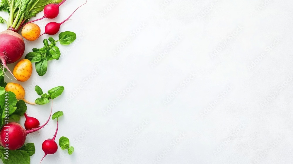 Fototapeta premium Freshly harvested root vegetables and herbs are arranged on white