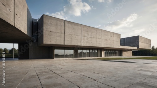 Modern Concrete Gray Building Structure with Open View. Minimalistic Urban Architecture City