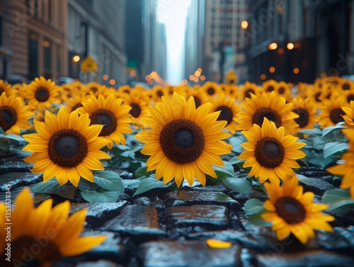 Sunflowers Bloom in the City: A Vibrant Contrast of Nature and Urban Life, with Rows of Golden Flowers Against a Backdrop of Skyscrapers and City Lights.