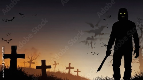 A shadowy figure stands with a weapon in a graveyard at sunset, surrounded by crosses and bats flying