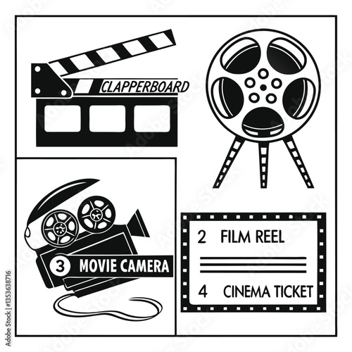 Cinema icons set, Film, movie, video, tv, cinema hall. Vector illustrations.