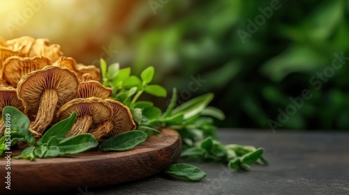 Wallpaper Mural Mushroom Medicinal Benefits Concept, Close-Up View of Dried Cordyceps Mushrooms Resting on Wooden Plate with Fresh Green Herbs in Soft Lighting Torontodigital.ca