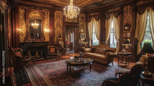Opulent Victorian Drawing Room with Chandelier Furniture and Intricate Decorative Elements photo
