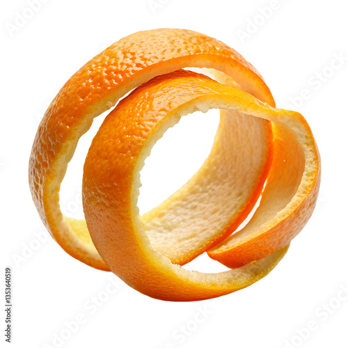 Two Spiraling Orange Peels Isolated on Gray Background Delicious Citrus Fruit Peel Texture Sweet Aromatic Zest Ingredient isolated on white or transparent background