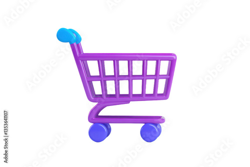 A rendered image of a purple shopping cart with blue wheels on a black background view from the side