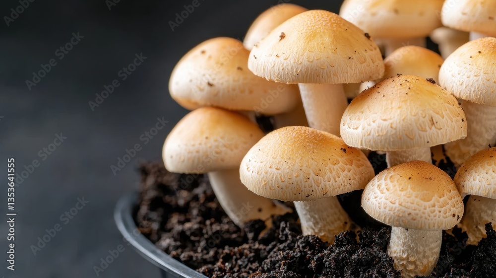 Mushroom Organic Farming Concept, Close-Up of Densely Growing Button Mushrooms on Dark Soil Background for Culinary and Nature Photography Mushroom Organic Farming Concept, Close-Up of Densely Growing Button Mushrooms on Dark Soil Background for Culinary and Nature Photography