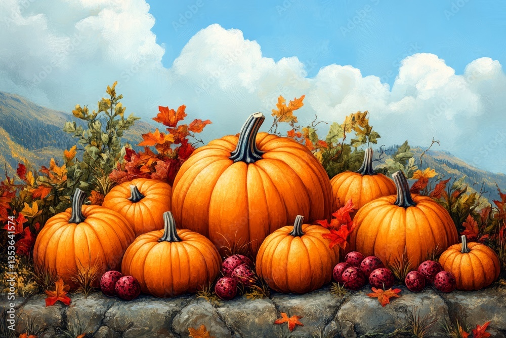 Pumpkin patch scene with large, orange pumpkins on stone surface, surrounded by autumn leaves and flowers. Concept of vibrant pumpkin patch evokes tranquility and warmth, showcasing vegetables. Pumpkin patch scene with large, orange pumpkins on stone surface, surrounded by autumn leaves and flowers. Concept of vibrant pumpkin patch evokes tranquility and warmth, showcasing vegetables.