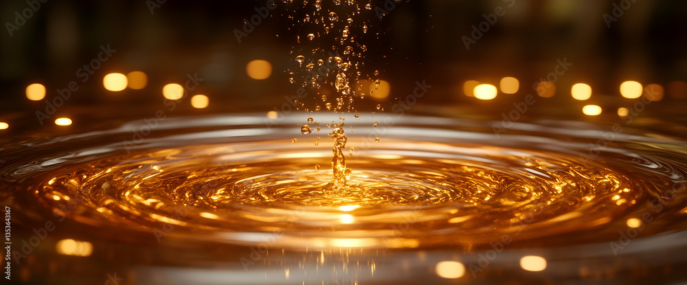 Obraz premium Golden Liquid Drops Create Ripples, Shimmering Beauty in Ambient Light