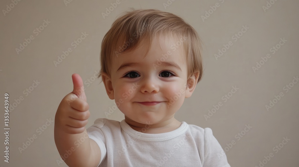 Happy toddler giving a thumbs up, smiling joyfully against a soft, neutral background, conveying positivity and innocence Happy toddler giving a thumbs up, smiling joyfully against a soft, neutral background, conveying positivity and innocence