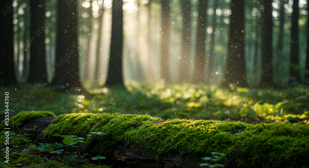 Fototapeta premium Close-up of moss-covered log in a sunlit forest