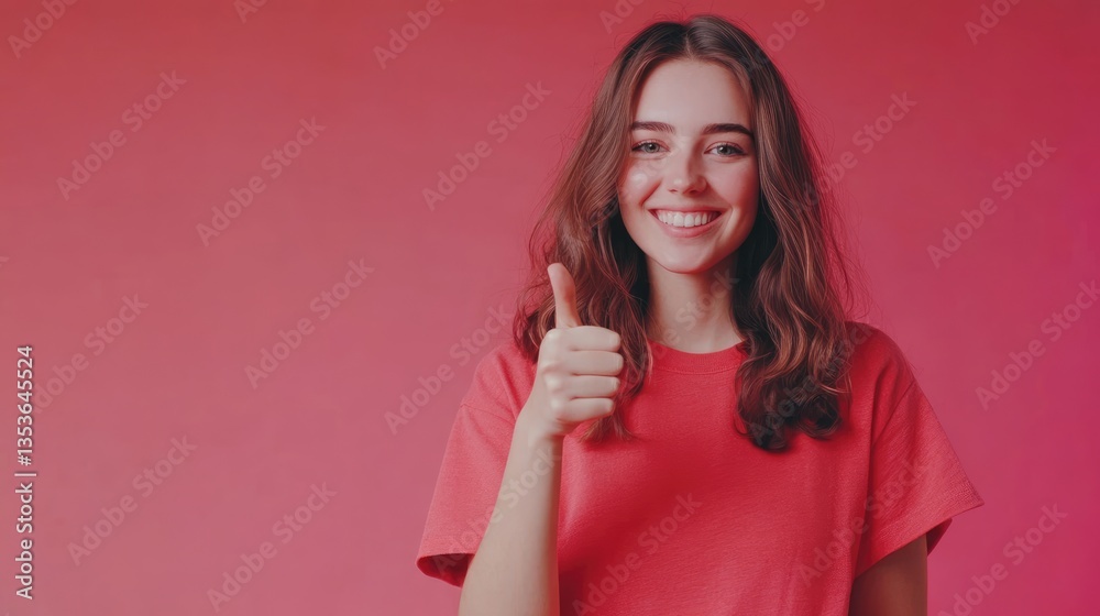 Young woman in a red shirt smiling and giving a thumbs-up against a vibrant pink background, conveying positivity Young woman in a red shirt smiling and giving a thumbs-up against a vibrant pink background, conveying positivity