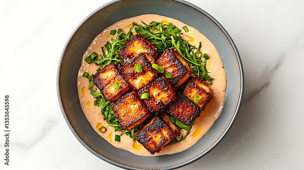 Pan-Seared Paneer Bowl for Creamy Sauce, Arugula. Pan-Seared Paneer Bowl for Creamy Sauce, Arugula.