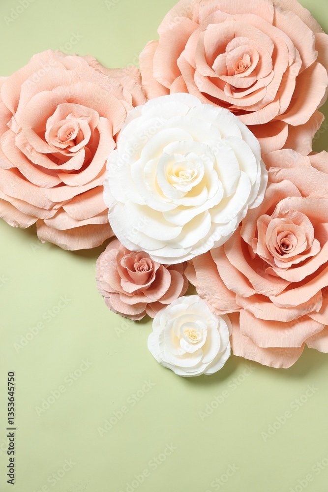 Fototapeta premium Beautiful paper flowers on light green background, flat lay. Space for text