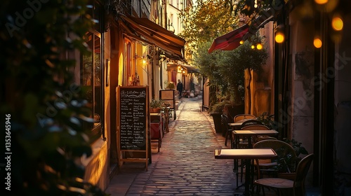 Fototapeta Naklejka Na Ścianę i Meble -  A cozy European alleyway with warm golden lights and vintage cafes