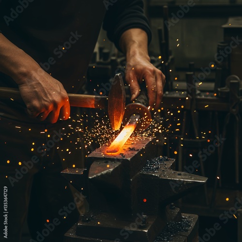 A close-up of a Japanese blacksmith forging a katana, with sparks flying as the molten steel is hammered into shape. A powerful display of traditional craftsmanship and precision.
