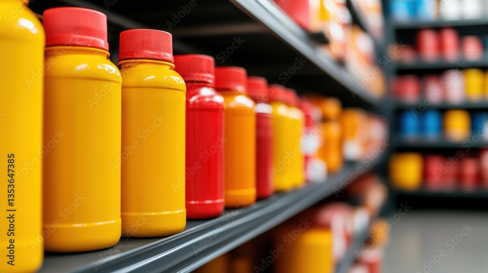 Oil and grease containers in a maintenance room Concept, Metal Shelving Unit Organized with Containers for Grease and Oil Supplies in a Bright Warehouse Setting Oil and grease containers in a maintenance room Concept, Metal Shelving Unit Organized with Containers for Grease and Oil Supplies in a Bright Warehouse Setting