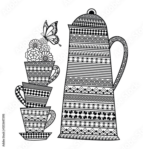 Ornamental teapot and Teacups with hand drawn doodle flowers. I Love Tea vector illustration for coloring book or print.