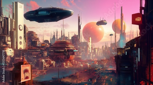 A distant planetary colony with high-tech buildings and floating vehicles
