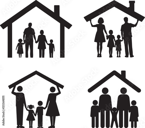 family house icon. Family Homes: Silhouettes of Families Under Protective Roofs