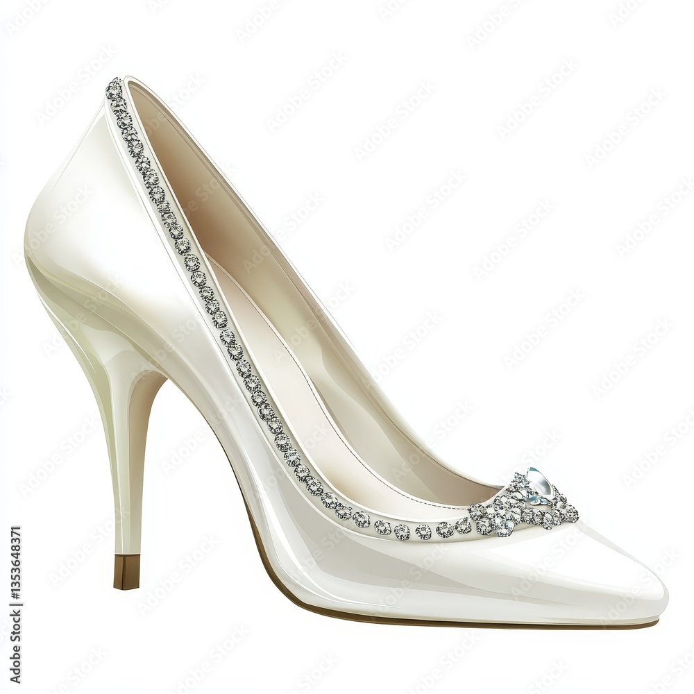 Obraz premium Elegant white high heel shoe with rhinestone embellishments, isolated on white background.