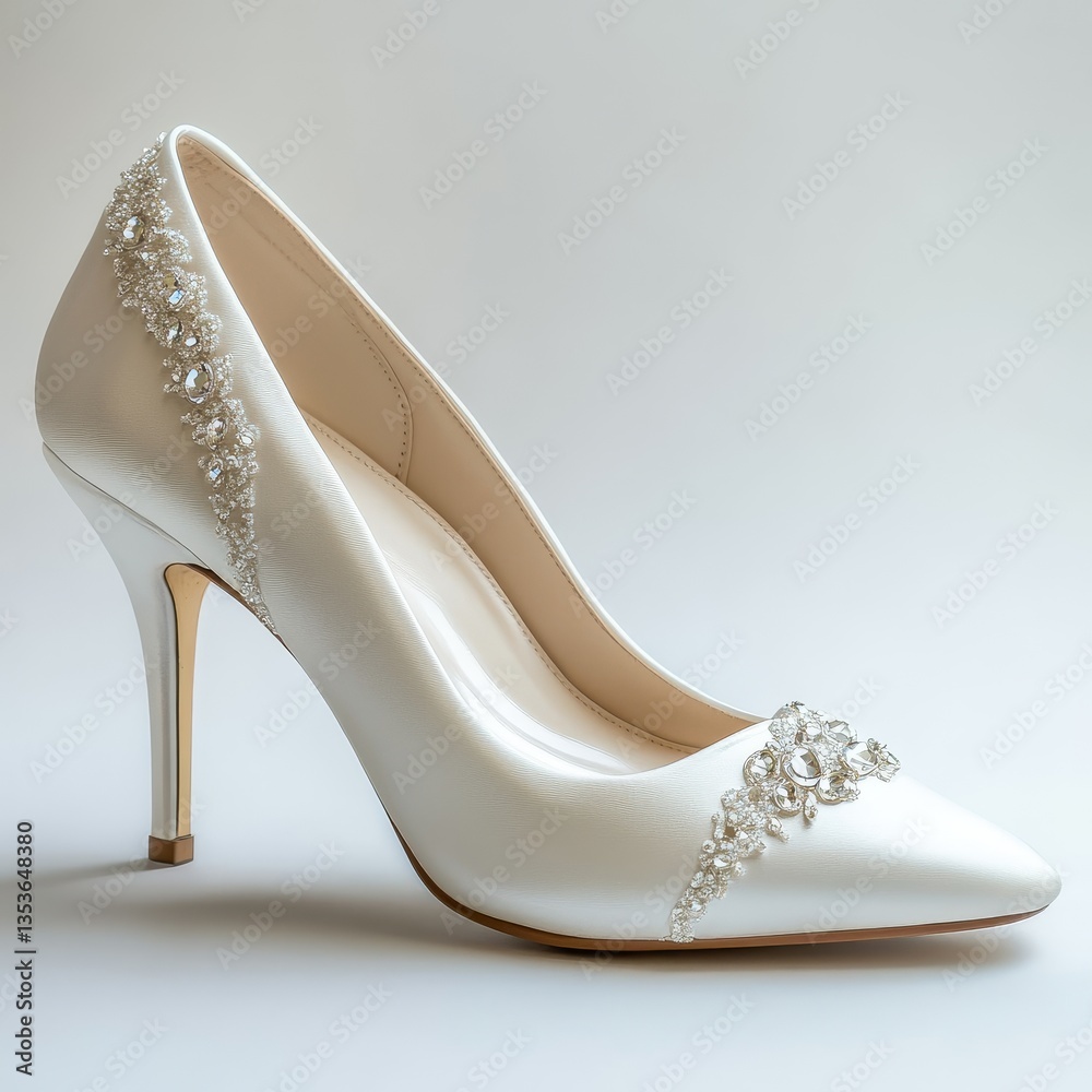 Obraz premium Elegant white high-heeled shoe with intricate design, white isolated background.