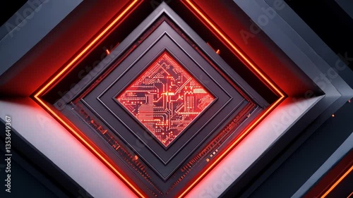 Dynamic circuit board design with glowing red accents