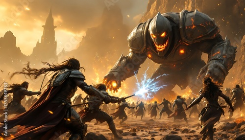 Epic Battle Scene Giant Monster Confronting Warriors with Magic Sparks