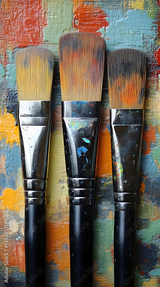 Fototapeta premium Paintbrushes on Colorful Palette, Studio Setting