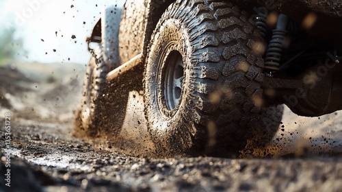 Extreme Off-Roading: Muddy Tire Splashing Through a Dirt Track