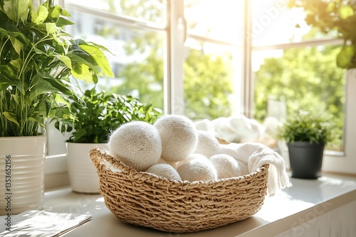 White laundry dryer balls sit inside a wicker basket near plants
