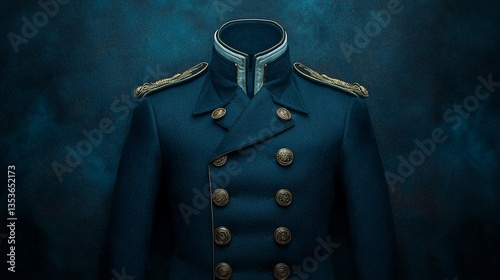 Double-breasted navy blue military jacket with gold epaulets on dark background.