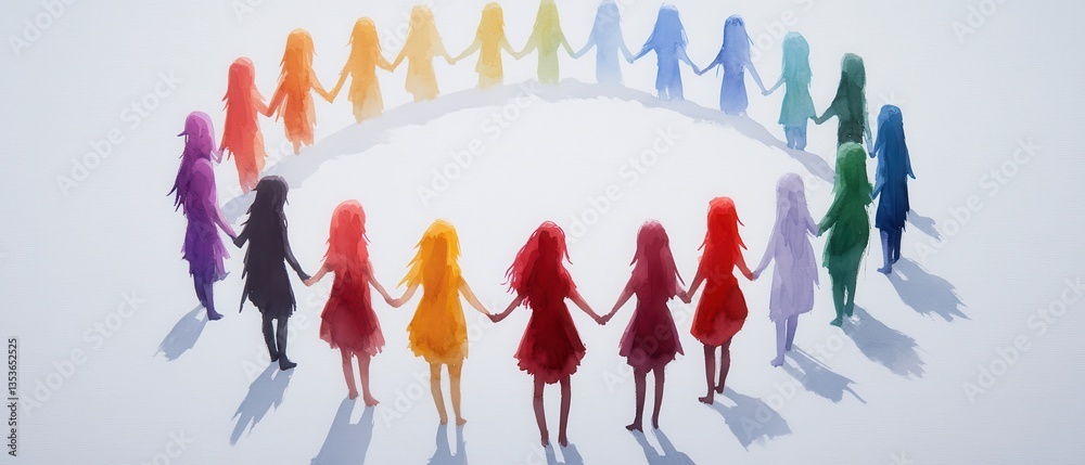 Fototapeta premium A colorful circle of diverse figures holding hands, symbolizing unity and togetherness in a harmonious setting.