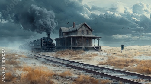 Vintage Steam Train Arriving at an Old Western Train Station Under Stormy Skies