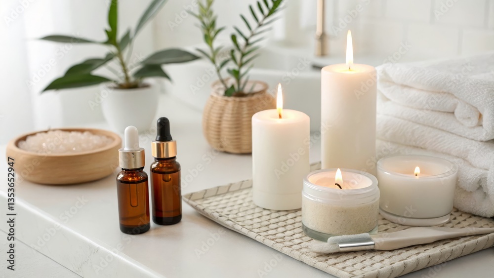 A serene spa setting featuring candles, essential oils, and plants, promoting relaxation and wellness in a calm, aesthetically pleasing environment. A serene spa setting featuring candles, essential oils, and plants, promoting relaxation and wellness in a calm, aesthetically pleasing environment.