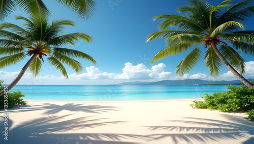 Serene beach with soft white sands and palm trees