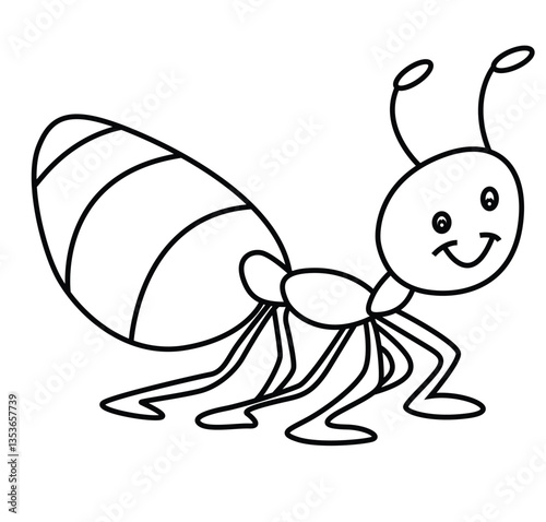 Cute cartoon hand drawn vector smiley ant coloring page.
