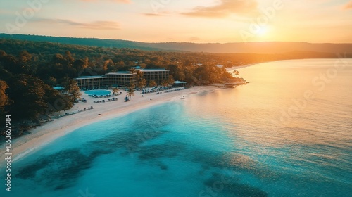 Tropical Paradise: Aerial View of a Luxury Resort at Golden Hour Sunset