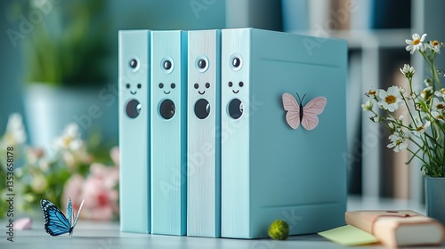 Cute pastel blue binders with playful faces and butterflies on a desk.