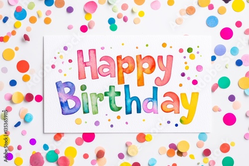 Watercolor Illustration of Happy Birthday Postcard with Rainbow Text and Confetti