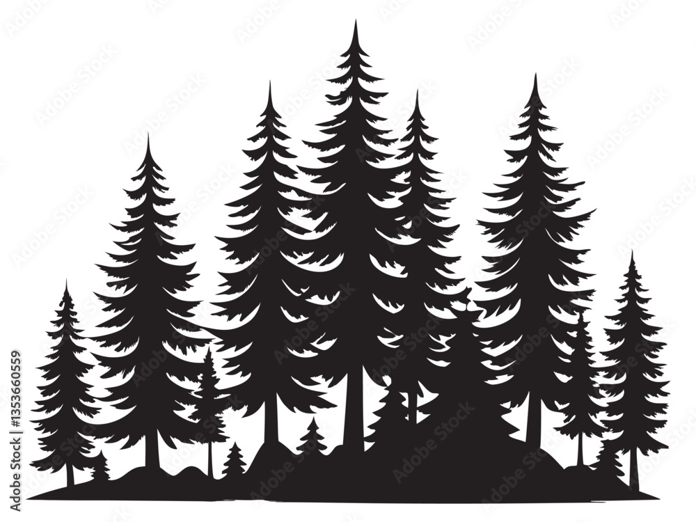 Obraz premium pine tree forest silhouette, Fir trees silhouette llustration on white background , black evergreen woods vector illustration, pine wood 