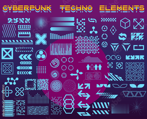 Cyberpunk Techno Elements, Retro Future Cyber Style Graphic Objects, Icons, Symbols, Signs, Cursors