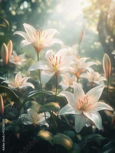 Elegant White Lilies Blooming in Morning Light of a Tranquil Forest Garden
