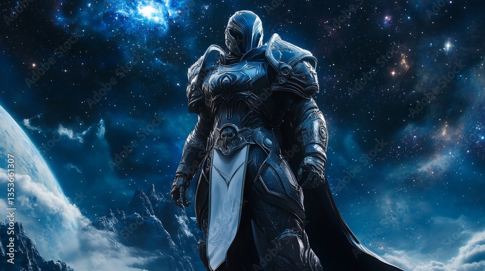 Armored celestial guardian standing watch over a cosmic landscape vista Armored celestial guardian standing watch over a cosmic landscape vista