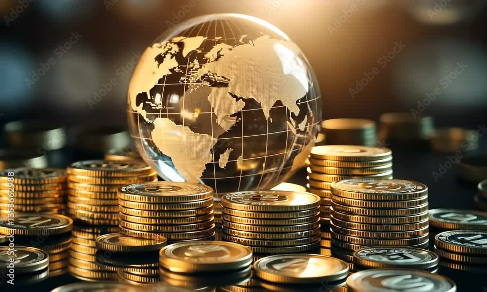 Glass Globe with Gold Coins Representing Global Finance and Economy on a Dark Reflective Surface