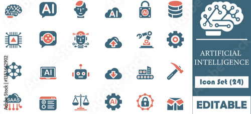 This AI icon set includes 24 sleek, modern icons in navy blue and orange. Ideal for AI, machine learning, robotics, and data projects. Fully editable and scalable.