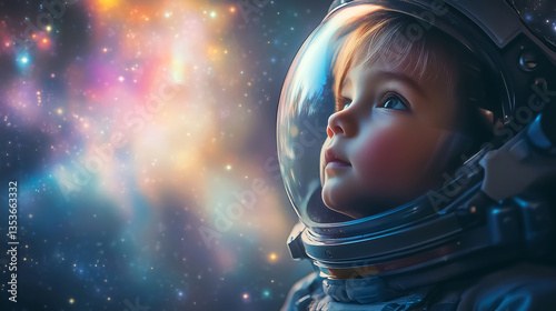 baby astronaut floating weightlessly in the vastness of space with breathtaking cosmic background.