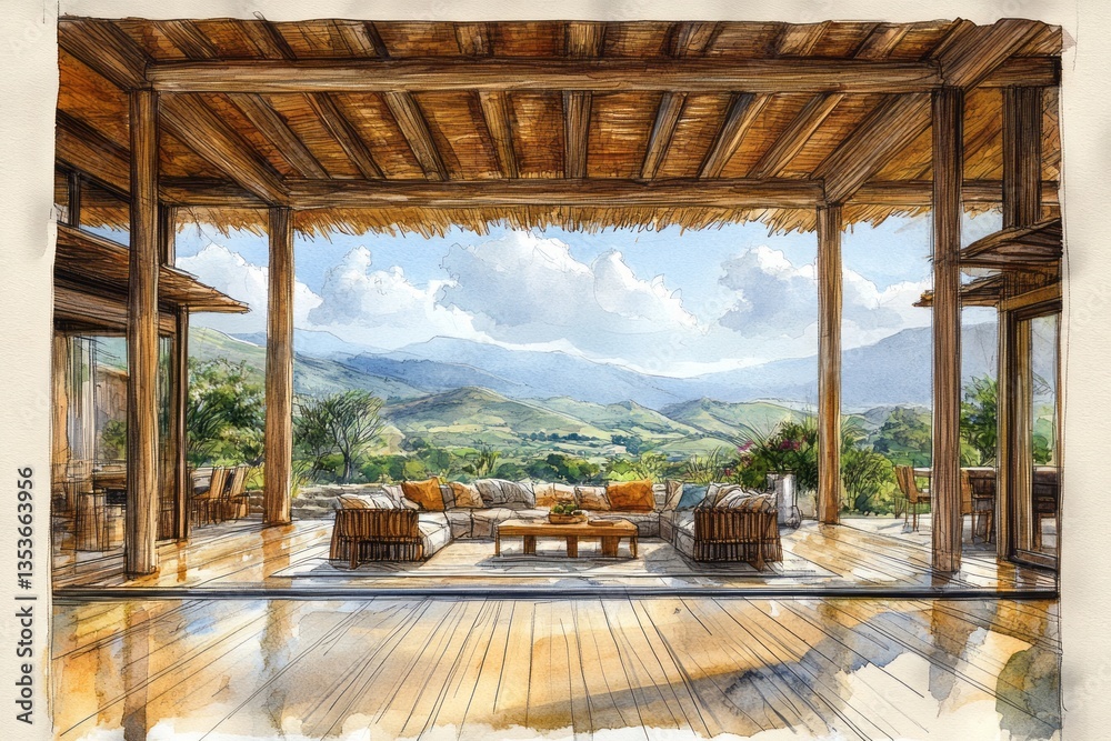 Fototapeta premium Watercolor illustration of a luxurious veranda overlooking a mountain landscape