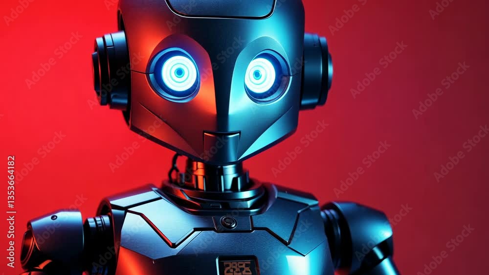 Futuristic robot with luminous eyes against red background showing sequential closeup movements