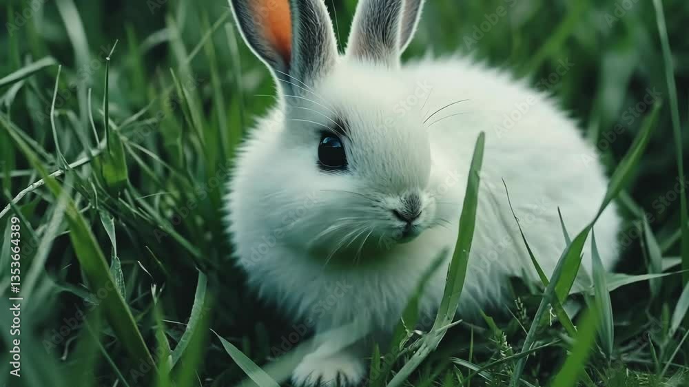 Small white rabbit exploring lush green grass in a sunny meadow during spring afternoon Small white rabbit exploring lush green grass in a sunny meadow during spring afternoon