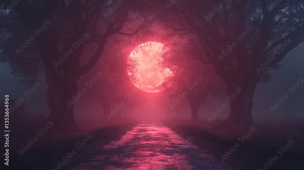 Obraz premium Misty path, vibrant moon